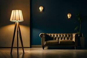 a leather couch and lamp in a dark room. AI-Generated photo