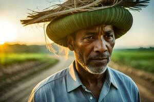 an african man wearing a hat on a dirt road. AI-Generated photo