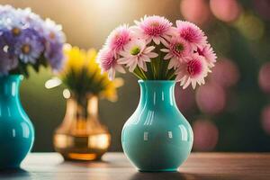 two vases with pink and purple flowers on a table. AI-Generated photo
