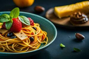 spaghetti with tomatoes, basil and cheese. AI-Generated photo