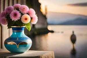 a blue vase with pink flowers sitting on a table near the water. AI-Generated photo