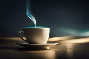 a cup of coffee on a table with smoke coming out of it. AI-Generated photo