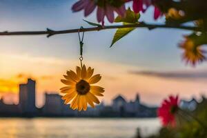 sunflower hanging from a branch in front of a city skyline. AI-Generated photo