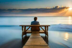 a man sitting on a wooden bench overlooking the ocean. AI-Generated photo