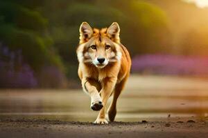 a red wolf running across the sand. AI-Generated photo