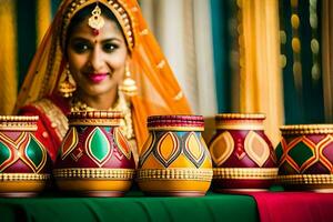 a woman in traditional indian dress is holding pots. AI-Generated photo