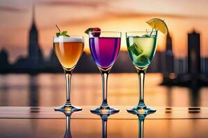 three glasses of cocktails with a sunset in the background. AI-Generated photo