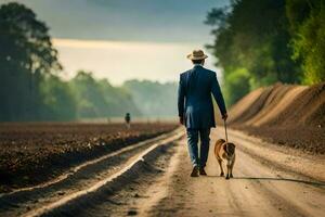 un hombre en un traje y sombrero caminando su perro abajo un suciedad la carretera. generado por ai foto