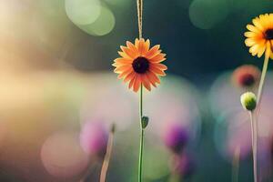 two flowers are standing in front of a field. AI-Generated photo