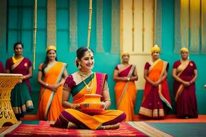 a woman in a sari sits on a floor with other women. AI-Generated photo