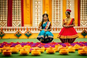 dos mujer en tradicional indio atuendo sentar en el suelo. generado por ai foto