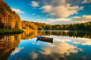 a boat is floating on the calm water of a lake. AI-Generated photo