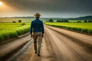 un hombre caminando abajo un suciedad la carretera en frente de un verde campo. generado por ai foto