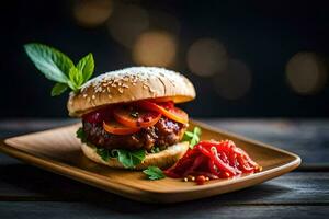 a hamburger with tomato, lettuce and pickles on a wooden plate. AI-Generated photo