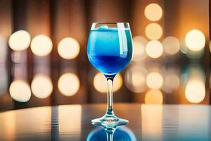 a blue cocktail in a glass on a table. AI-Generated photo