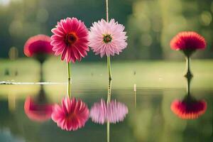 three pink flowers are reflected in the water. AI-Generated photo