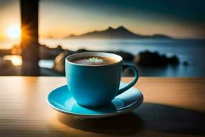 coffee cup with a view of the sea. AI-Generated photo