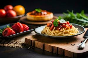 spaghetti with tomato sauce and fresh strawberries on a wooden cutting board. AI-Generated photo