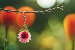a pink flower hangs from a branch in front of a blurred background. AI-Generated photo