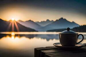 coffee cup, lake, mountains, sunrise, the sun, the mountains, the lake,. AI-Generated photo