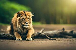 a lion sitting on a fallen tree branch in the middle of a forest. AI-Generated photo