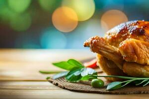 a roasted chicken on a wooden table with herbs. AI-Generated photo