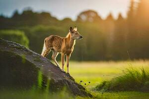 a deer stands on a rock in the middle of a field. AI-Generated photo