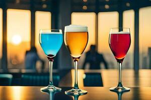 three glasses of different colored drinks on a table. AI-Generated photo