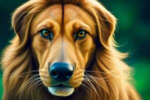 a close up of a golden retriever with blue eyes. AI-Generated photo