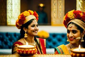 dos mujer en tradicional indio atuendo sonrisa para el cámara. generado por ai foto