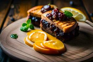 grilled cheese sandwich with cherry jam and orange slices on a wooden table. AI-Generated photo