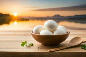 eggs in a bowl with a wooden spoon on a table with a lake in the background. AI-Generated photo