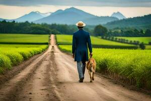 a man walks his dog in a field. AI-Generated photo