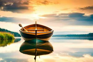 a boat is sitting on the water at sunset. AI-Generated photo