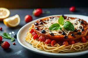 spaghetti with tomato sauce and basil leaves on a plate. AI-Generated photo