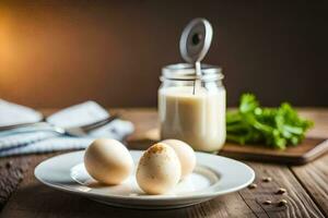 eggs on a plate with a jar of sauce. AI-Generated photo