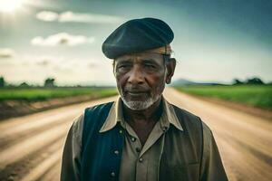 un antiguo hombre en pie en un suciedad la carretera. generado por ai foto