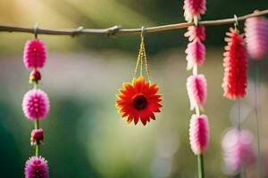 a flower hanging from a wire with pink and red flowers. AI-Generated photo