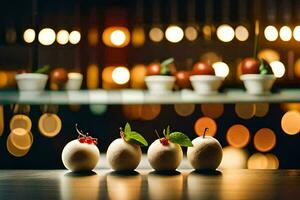 three small desserts on a table with lights in the background. AI-Generated photo