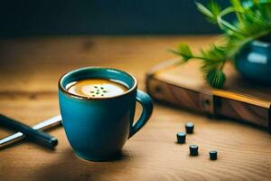 a cup of coffee on a wooden table. AI-Generated photo