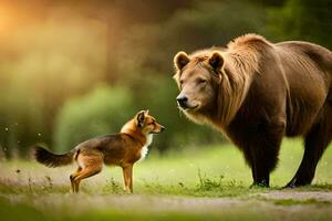 a brown bear and a small dog standing in a field. AI-Generated photo