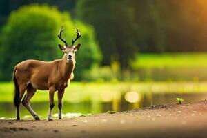 a deer stands in front of a lake. AI-Generated photo