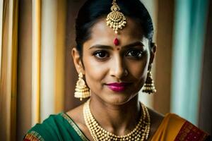 a beautiful indian woman wearing a traditional sari. AI-Generated photo