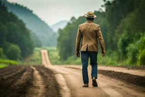 un hombre en un traje y sombrero caminando abajo un suciedad la carretera. generado por ai foto