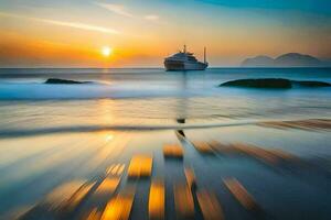 un barco es en el Oceano a puesta de sol. generado por ai foto