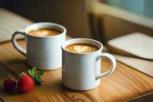 two white mugs with latte art on the table. AI-Generated photo