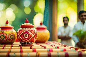 a table with colorful pots and a man standing behind it. AI-Generated photo