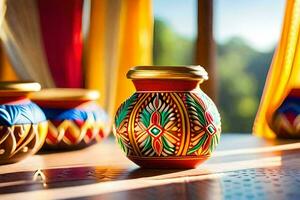 colorful vases on a table with curtains in the background. AI-Generated photo