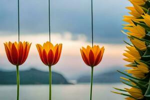 three tulips hanging from a string with a sunset in the background. AI-Generated photo