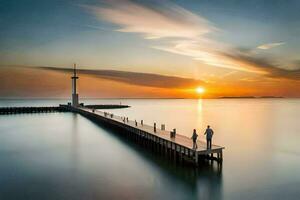 un Pareja caminando en un muelle a puesta de sol. generado por ai foto